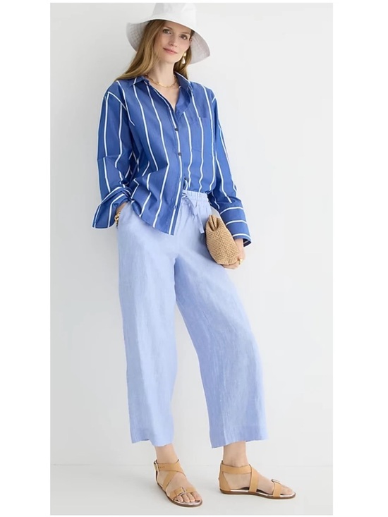 J. Crew Pants - J. Crew Linen Wide Leg Cropped Pant Chambray Blue Women Large Pockets Drawstring